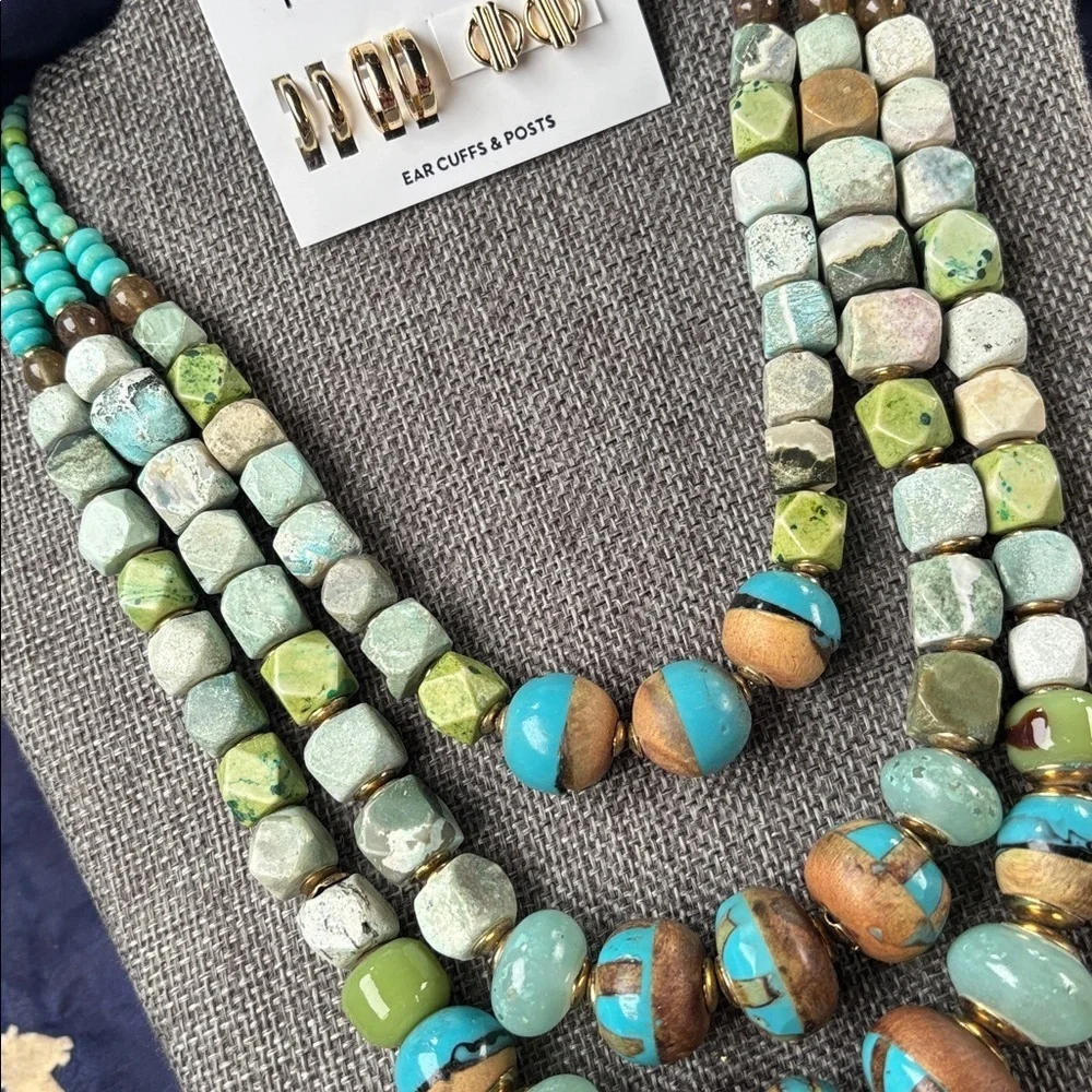 Vintage Navajo Green Turquoise Beaded Multi-Strand Necklace & Nine West Earrings